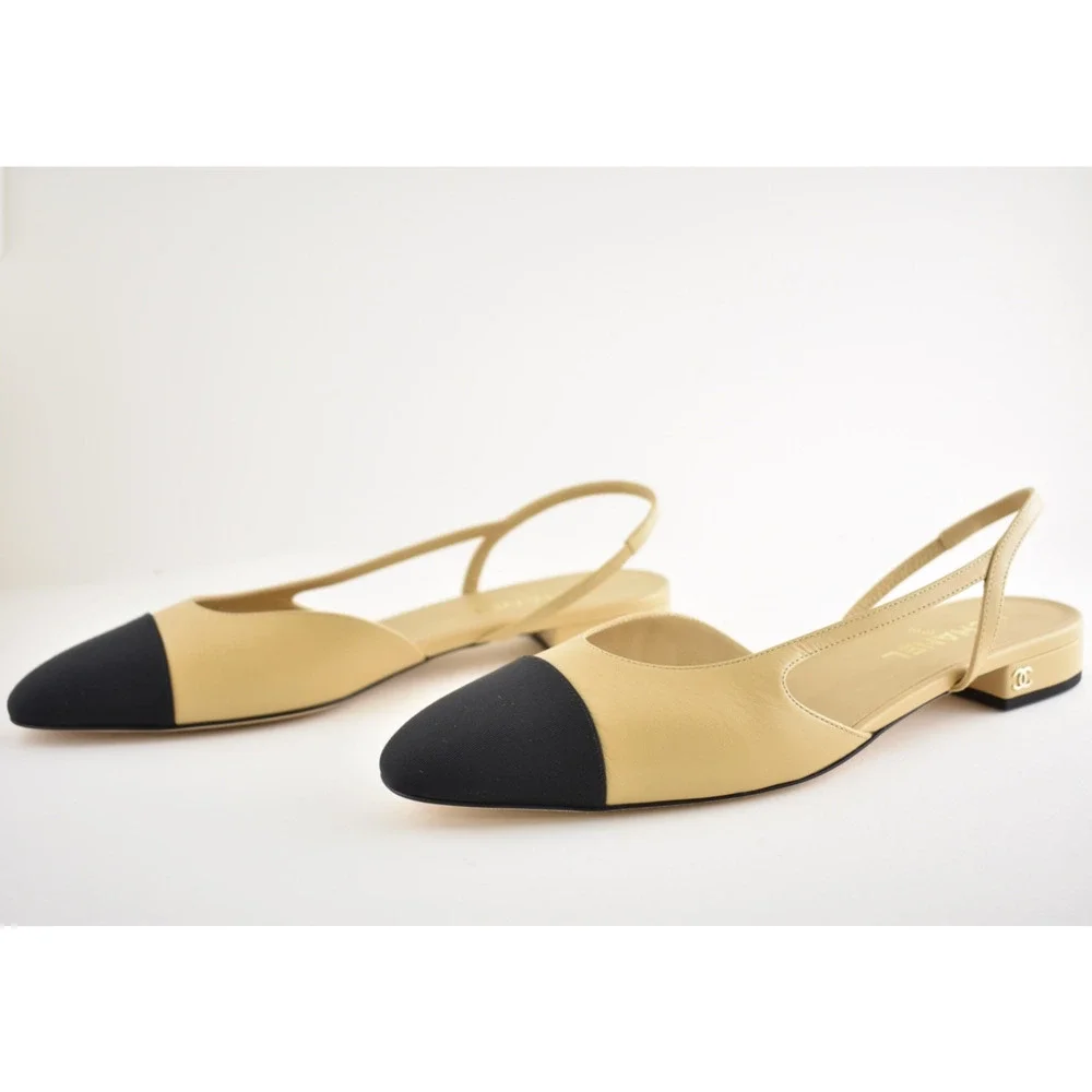 Chanel REV Beige Leather Black Cap CC Logo Coco Sling Slingback Ballet Flat 42.5